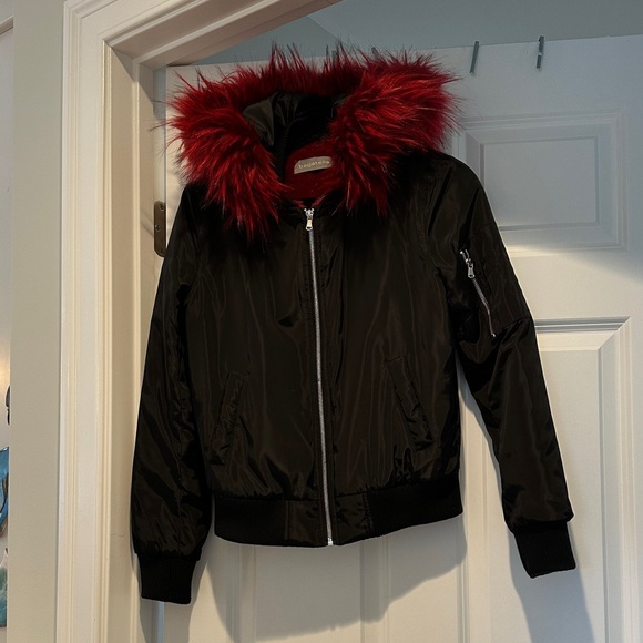 bagatelle Jackets & Blazers - Bagatelle Black Bomber Jacket with Red Fur Collar